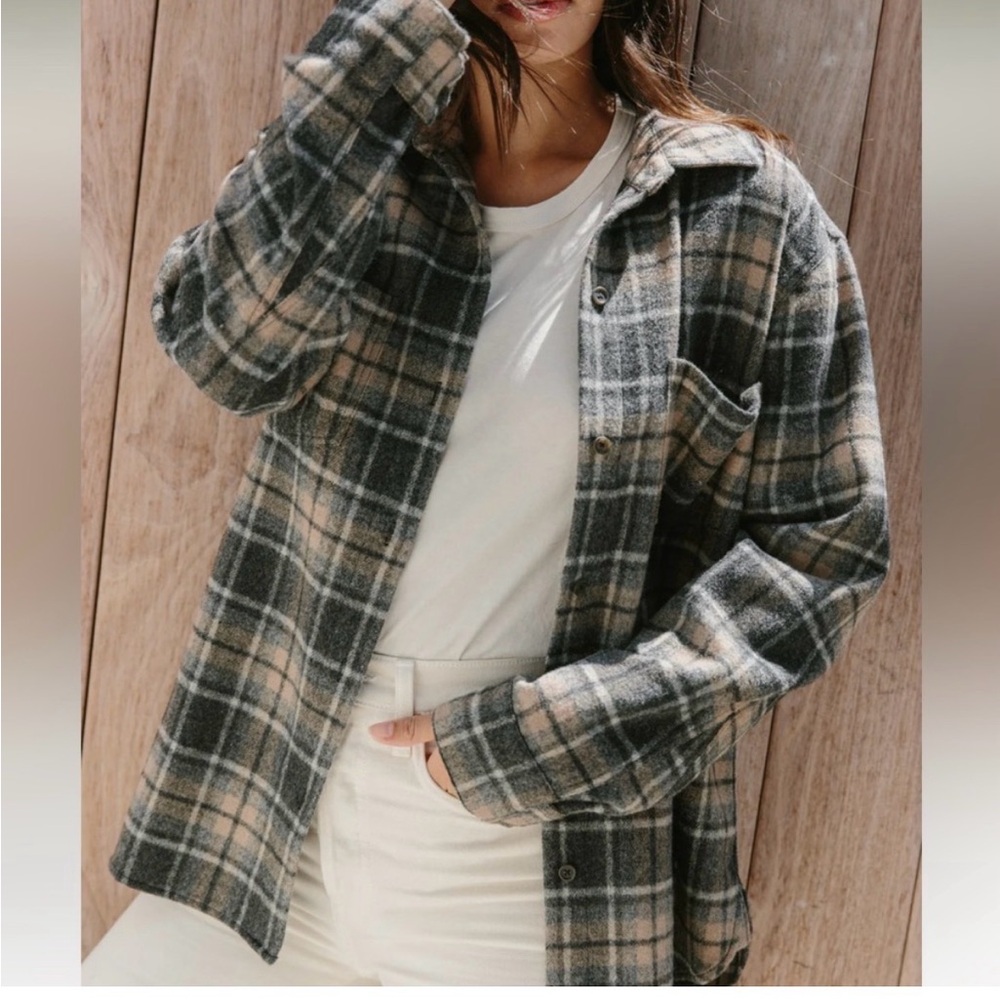 Jenni Kayne O’Keefe Oversized Wool Shacket Plaid Button-Up Shirt